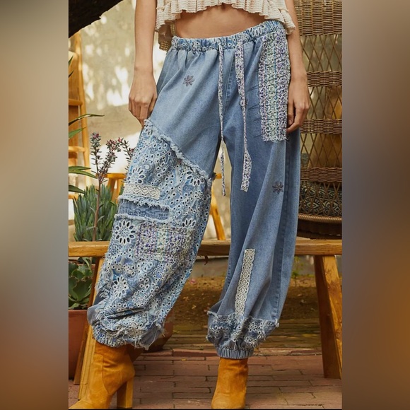 Denim Patchwork Drawstring Asymmetrical Pants
